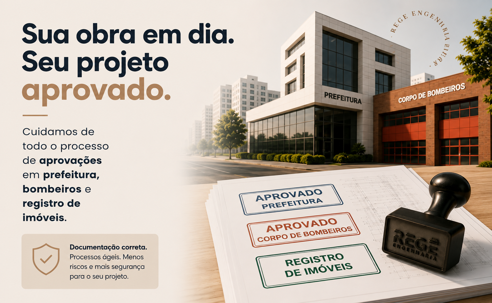 Documentação de aprovação de projeto e regularização imobiliária em Navegantes SC, incluindo habite-se, prefeitura, bombeiros e cartório.